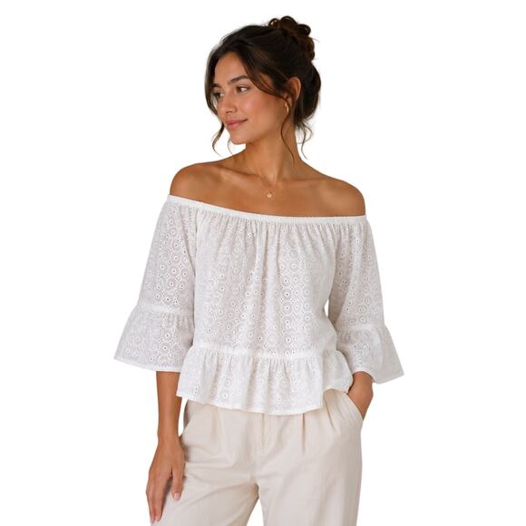 Adiva Tops - ADIVA White Eyelet Embroidered Off Shoulder Peasant Blouse Top Women’s M NWT